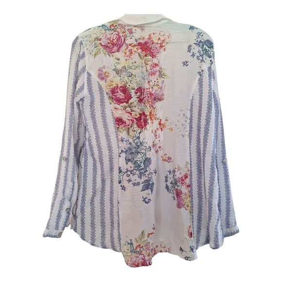 John Mark Tunic Blouse Top Mixed Print Floral Stripes Roll Tab Sleeves size M - Picture 2 of 12